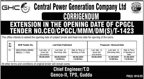 Central Power Generation Company Limited Guddu Tender Notice